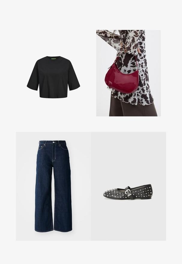 Schwarzes Baumwoll-Crop-Top mit rundem Ausschnitt, kurzen Ärmeln und einem grünen Etikett-Detail am Ausschnitt. Glatte, weiche Textur.; Weit geschnittene, dunkelblaue Jeans mit kontrastierenden Nähten, fünf Taschen und einem Knopfverschluss an der Taille.; Schwarze flache Schuhe, verziert mit silbernen Nieten, mit einem Riemen und einer Schnalle. Der Schuh hat eine spitze Zehenform und einen niedrigen Absatz.; Frau trägt eine schwarz-weiß gemusterte Bluse und hält eine glänzende rote Schultertasche vor einem einfarbigen Hintergrund.