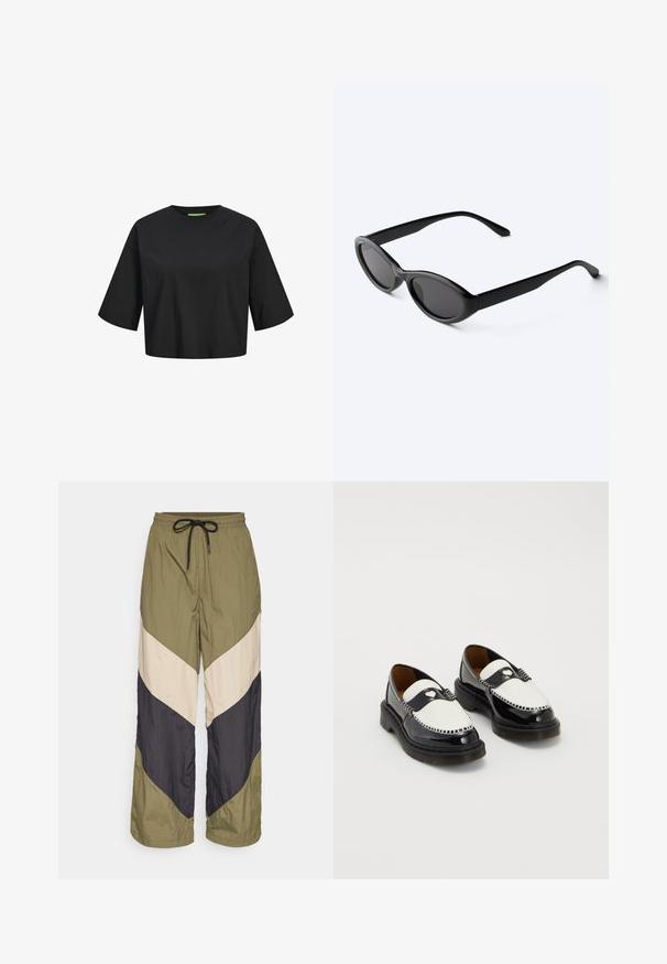 Sort bomulds cropped t-shirt med rund hals, korte ærmer og en grøn label detalje ved halsudskæringen. Glat, blød tekstur.; Letvægts, farveblokerede bukser med olivengrønne, beige og marineblå chevron-mønstre. Elastisk talje med snor. Løs pasform.; Sort-hvide læderloafers med chunky såler, hvide frontpaneler, sort hjerteformet detalje og kontrastsyninger omkring kanterne.; Slanke sorte ovale solbriller med mørke linser og lige arme, hvilende på en hvid overflade.