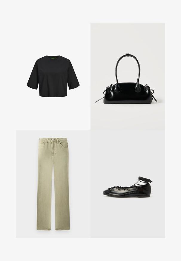 Schwarzes Baumwoll-Crop-Top mit rundem Ausschnitt, kurzen Ärmeln und einem grünen Etikett-Detail am Ausschnitt. Glatte, weiche Textur.; Beige Jeans mit geradem Bein, Vorder- und Gesäßtaschen, Knopf- und Reißverschluss, vor weißem Hintergrund präsentiert.; Schwarze Ballerinas aus Lackleder mit runder Spitze, Schnürdesign und flacher Sohle. Glatte Textur mit minimaler Verzierung.; Kleine schwarze glänzende Handtasche mit zwei langen Griffen und seitlichen Kordelzug-Details vor einfachem hellem Hintergrund.
