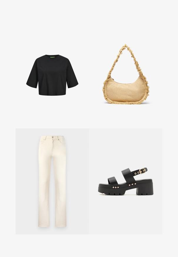 Sort bomulds cropped t-shirt med rund hals, korte ærmer og en grøn label detalje ved halsudskæringen. Glat, blød tekstur.; Beige denim jeans med et klassisk lige ben-design. Har fem lommer, lynlås i front og diskrete sømme langs sømmene.; Call it Spring NOVALIE - Plateausandaler - black; Struktureret beige taske med en rund form, frynset kant langs kanterne og en kort rem til at bære. Lynlåsåbning på toppen.