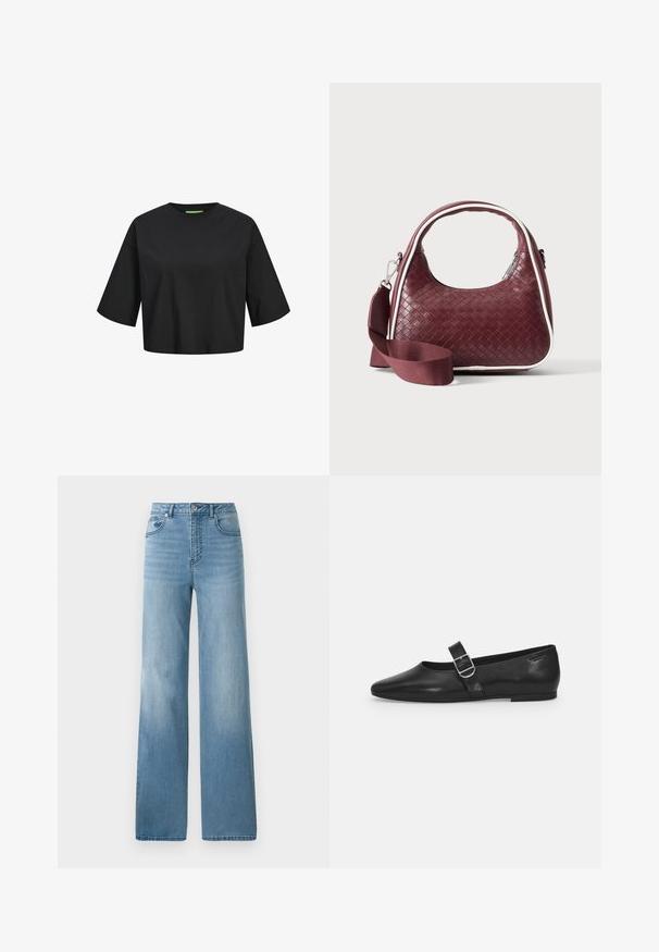 Schwarzes Baumwoll-Crop-Top mit rundem Ausschnitt, kurzen Ärmeln und einem grünen Etikett-Detail am Ausschnitt. Glatte, weiche Textur.; Helleblaue hochtaillierte Jeans mit geradem Bein. Aus Denim gefertigt, mit fünf Taschen und einem Knopfverschluss.; Schwarzer Lederflatschuh mit runder Zehenform, einem verstellbaren Schnallenriemen und einer glatten, glänzenden Oberfläche. Minimalistisches Design mit einem niedrigen Absatz.; Dunkelrote gewebte Ledertasche mit gebogenem Griff, weißem Besatz, silbernem Reißverschluss und abnehmbarem breitem Stoff-Schulterriemen vor einfarbigem Hintergrund.