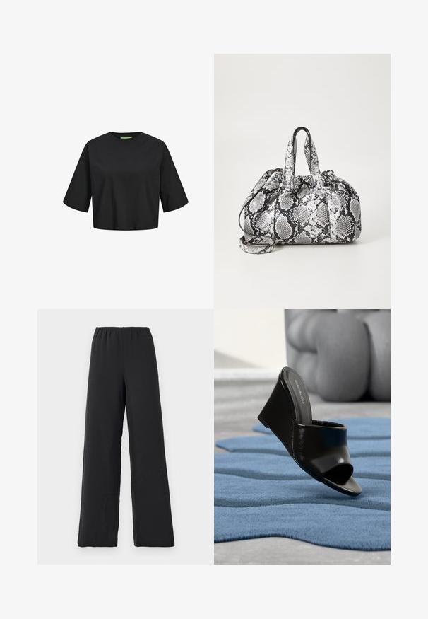 Musta puuvillainen lyhythihainen crop-top, jossa on pyöreä kaula-aukko, lyhyet hihat ja vihreä etiketti kaula-aukossa. Sujuva, pehmeä rakenne.; Musta leveälahkeinen housu, joka on valmistettu pehmeästä kankaasta. Housuissa on joustava vyötärö ja sileä, matta pinta ilman kuvioita tai yksityiskohtia.; Musta kiilakorkoinen slingback-kenkä avoimella varpaalla sinisellä teksturoidulla matolla, taustalla sumea harmaa sohva.; Mustikka ja valkoinen käärmeennahkakuosiset käsilaukku, jossa on kaksi kahvaa, kiristysnauha ja irrotettava olkahihna. Liukas pinta.