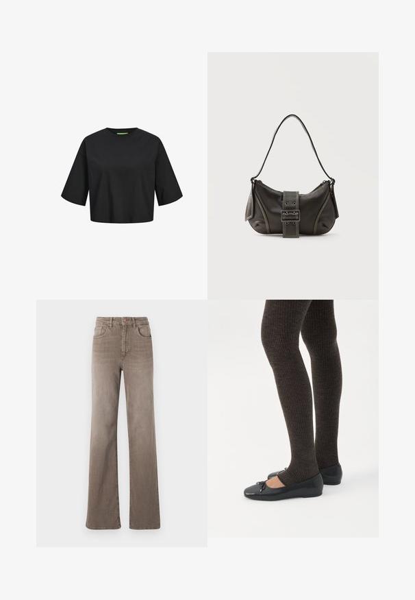 Schwarzes Baumwoll-Crop-Top mit rundem Ausschnitt, kurzen Ärmeln und einem grünen Etikett-Detail am Ausschnitt. Glatte, weiche Textur.; Braune hoch taillierte Straight-Leg-Jeans mit vorderem Knopf, Gürtelschlaufen und klassischem Fünf-Taschen-Design auf weißem Hintergrund.; Beine in dunklen, gerippten Leggings kombiniert mit schwarzen Ballerinas mit kleinen Schleifendetails auf weißem Hintergrund.; Schwarze Leder-Schultertasche mit Schnallengurt-Detail, abgerundeten Kanten und kontrastierenden weißen Nähten auf schlichtem Hintergrund.