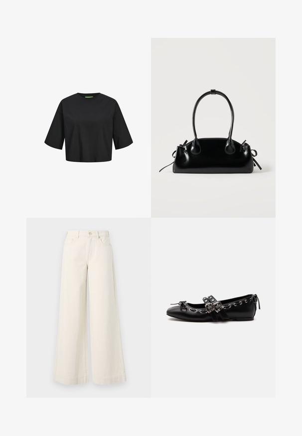 Schwarzes Baumwoll-Crop-Top mit rundem Ausschnitt, kurzen Ärmeln und einem grünen Etikett-Detail am Ausschnitt. Glatte, weiche Textur.; Weite, hellbeige Jeanshose mit hoher Taille, zwei vorderen Taschen, Knopfverschluss und dezenten Nähten.; Schwarzer flacher Ballettschuh mit doppelten Schnallenriemen, silbernen Ösen und einer kleinen Schleife nahe der abgerundeten Spitze auf weißem Hintergrund.; Kleine schwarze glänzende Handtasche mit zwei langen Griffen und seitlichen Kordelzug-Details vor einfachem hellem Hintergrund.