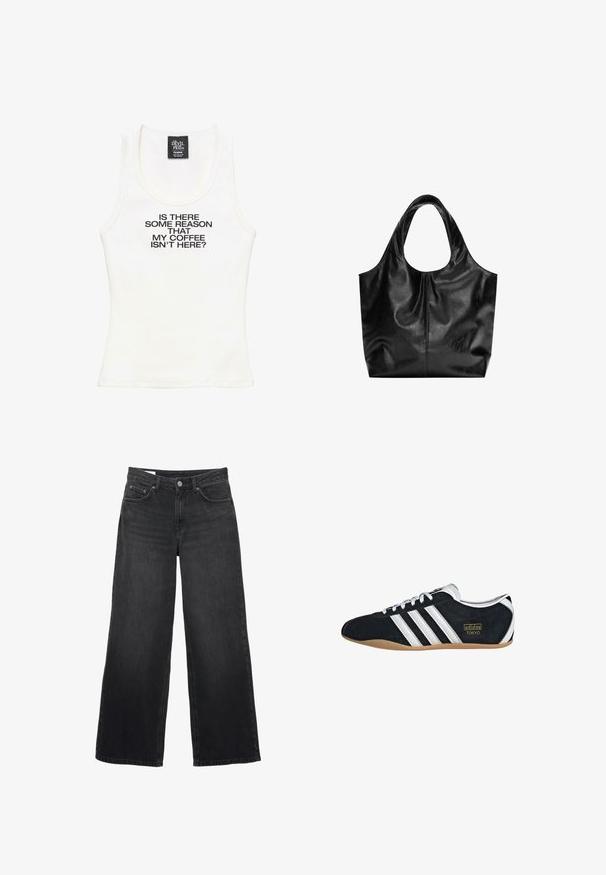 Débardeur blanc sans manches avec texte noir, « Y A-T-IL UNE RAISON POUR LAQUELLE MON CAFÉ N’EST PAS LÀ ? » et une étiquette indiquant « The Devil Wears Prada. »; Jean noir à jambes larges avec taille haute, fermeture à boutons et fermeture éclair à l'avant, passants pour ceinture et conception à cinq poches.; Sneakers en suede noir avec trois bandes blanches, logo doré et semelle en caoutchouc marron. Présente un design à lacets à profil bas.; Sac fourre-tout en cuir noir avec une texture lisse, un haut arrondi doux et de larges poignées. Présente une couture minimale et une silhouette décontractée.