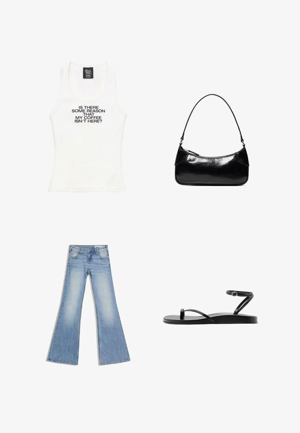 Débardeur blanc sans manches avec texte noir, « Y A-T-IL UNE RAISON POUR LAQUELLE MON CAFÉ N’EST PAS LÀ ? » et une étiquette indiquant « The Devil Wears Prada. »; Jean en denim bleu clair à taille haute, poches avant et jambes larges évasées, posé à plat sur un fond blanc.; Sandale plate noire avec fines lanières, boucle pour l’orteil et bride de cheville avec une petite boucle ronde, vue de profil.; Sac à épaule en cuir noir brillant avec un seul compartiment zippé et une fine bandoulière arquée.