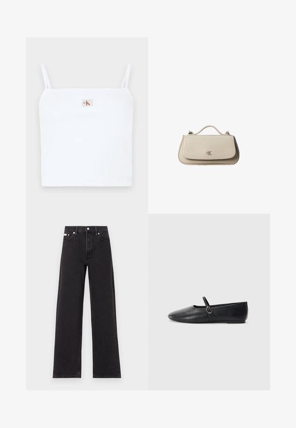 Λευκό ριπ cropped τοπ με λεπτές τιράντες, που διαθέτει ένα μικρό τετράγωνο λογότυπο με "CK" σε κόκκινο χρώμα μπροστά. Λείο υφασμα.; Μαύρο τζιν παντελόνι φαρδιάς γραμμής από τζιν, με ψηλή μέση, πέντε τσέπες και κούμπωμα με μεταλλικό κουμπί, καθώς και αντίθετη ραφή.; Μαύρες δερμάτινες μπαλαρίνες με μυτερή μύτη, επίπεδο πάτο και μικρή λωρίδα με λεπτομέρεια ασημένιας αγκράφας.; Μικρή μπεζ δερμάτινη τσάντα χειρός με επάνω λαβή και ασημένιο λογότυπο CK στη μπροστινή πτερύγιο, εμφανίζεται σε λευκό φόντο.