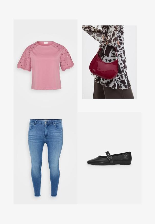 Rosa Kurzarm-Oberteil mit einem einfarbigen Körper und aufwendigen Spitzenelementen an den Ärmeln, die Blumenmuster und gezackte Kanten aufweisen.; Helle blaue Skinny Jeans mit tailliertem Design, kontrastierenden Nähten und fransigem Saum. Es gibt fünf Taschen und einen Reißverschluss.; Schwarzer Lederflatschuh mit runder Zehenform, einem verstellbaren Schnallenriemen und einer glatten, glänzenden Oberfläche. Minimalistisches Design mit einem niedrigen Absatz.; Frau trägt eine schwarz-weiß gemusterte Bluse und hält eine glänzende rote Schultertasche vor einem einfarbigen Hintergrund.
