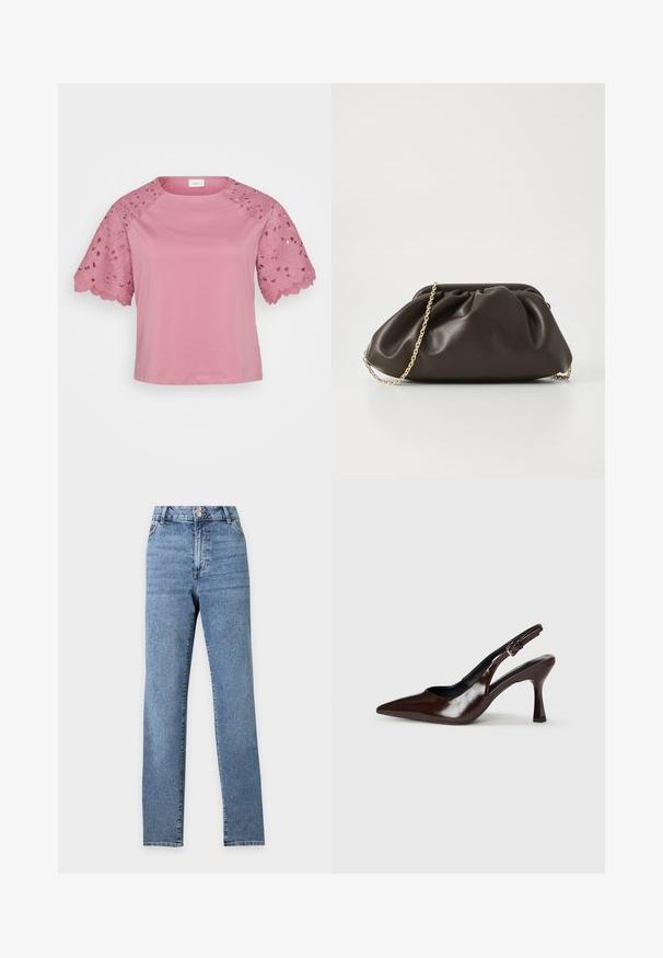 Roze top met korte mouwen, met een effen lijf en ingewikkelde kantdetails op de mouwen met bloemmotieven en geprofileerde randen.; Blauwe jeans met hoge taille en rechte pijpen, met twee knopen aan de voorkant en zakken, getoond tegen een effen lichte achtergrond.; Bruine gepatineerde leren slingback pumps met een spitse neus, een dunne hak en een verstelbaar bandje met een kleine gesp.; Bruine leren handtas met een geaccentueerd ontwerp, gouden kettinghengsel en een zachte, textuurafwerking. Compacte vorm geschikt voor avondgebruik.
