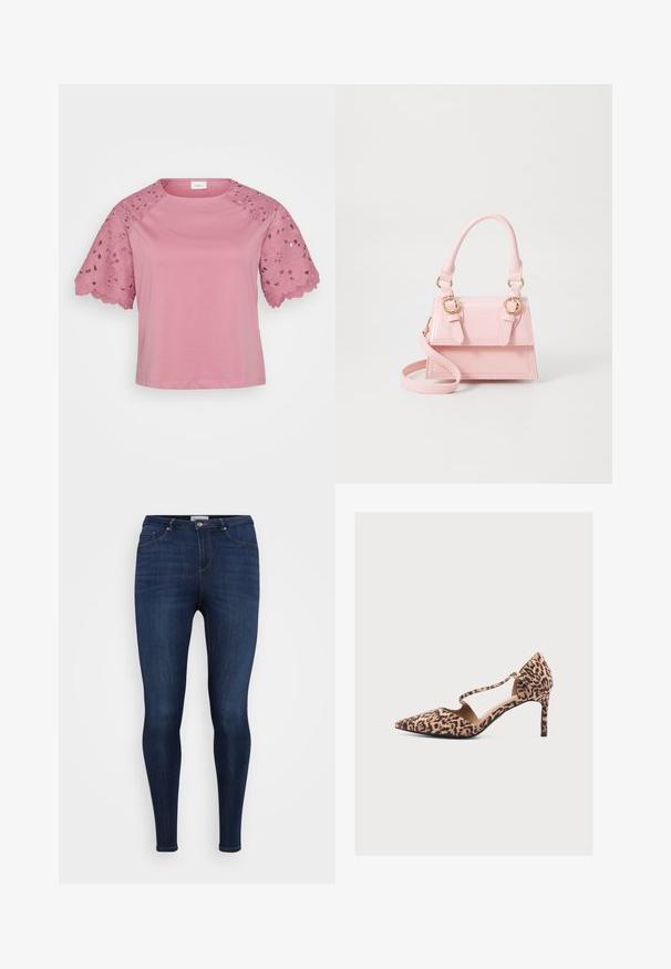 Lyserød kortærmet top med en ensfarvet krop og detaljeret blondeudsmykning på ærmerne, der har blomstertryk og bølgede kanter.; ONLY Carmakoma Skinny fit CARTHUNDER - Jeans Skinny Fit - dark blue denim; Høje hæle med leopardprint og pigget tå, anklerem og lukket hæl i beige og brune toner på en ensfarvet baggrund.; Rosa patenteret læderhåndtaske med et struktureret design, dobbelte top-håndtag, hardware i guldtoner, aftagelig rem og stiklinger.