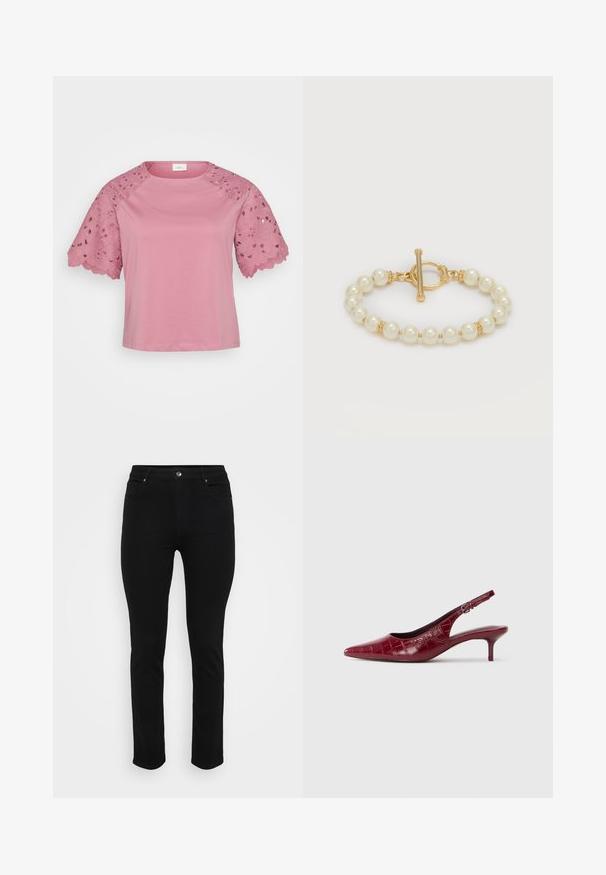 Lyserød kortærmet top med en ensfarvet krop og detaljeret blondeudsmykning på ærmerne, der har blomstertryk og bølgede kanter.; Sorte denimjeans med slim fit, fem-lomme design, frontknaplukning og let stræk for komfort. Flad, glat tekstur med minimal dekoration.; Bordeaux læder slingback pumpe med krokodillestruktur, spidse tæer, justerbar spænde rem og lav kitten hæl på en hvid baggrund.; Armbånd med runde hvide perler og små guldperler, med en dekorativ guldlås på en ensfarvet lys baggrund.