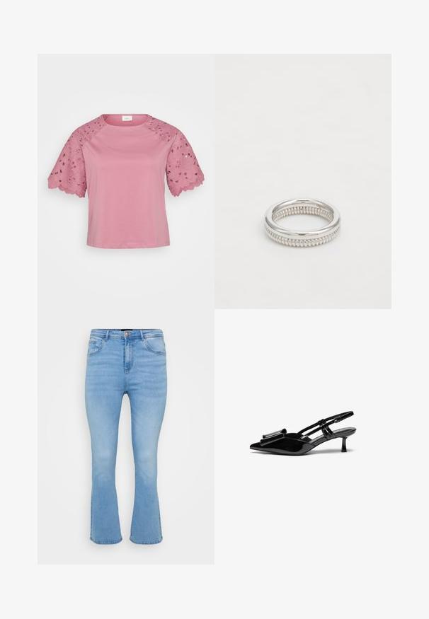 Lyserød kortærmet top med en ensfarvet krop og detaljeret blondeudsmykning på ærmerne, der har blomstertryk og bølgede kanter.; Lyseblå flagrende jeans i denim af bomuld. Features høj talje, fem lommer og synlige sømme langs sømme og kant.; Sorte patenterede læderslingbacks med spids tå, en sløjfedetalje foran og en lille stilettohæle. Remmene har justerbare spænder.; Sølvring med en glat, poleret ydre bånd og et tekstureret indre bånd med små riller. Enkel, cirkulær design.