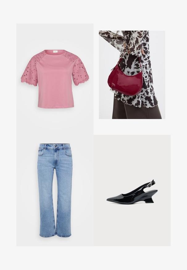 Lyserød kortærmet top med en ensfarvet krop og detaljeret blondeudsmykning på ærmerne, der har blomstertryk og bølgede kanter.; Lysblå vidde jeans lavet af denim, med fem lommer, en frontlynlås og en knaplukning. Subtile syninger langs sømmene.; Sort laklæder slingback sko med spids tå og lav vinklet blokhæl på ensartet lys baggrund.; Kvinde iført en sort- og hvidmønstret bluse, der holder en blank rød skuldertaske mod en ensfarvet baggrund.