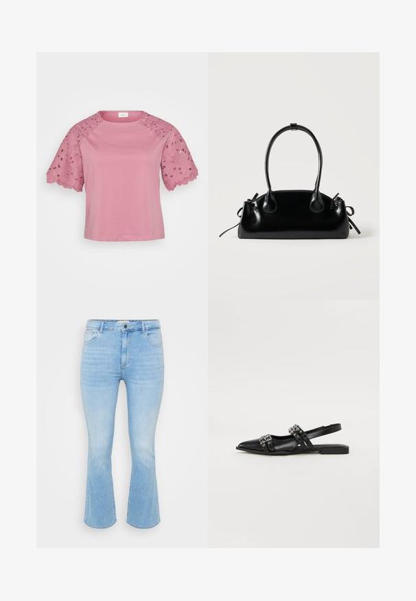 Rosa Kurzarm-Oberteil mit einem einfarbigen Körper und aufwendigen Spitzenelementen an den Ärmeln, die Blumenmuster und gezackte Kanten aufweisen.; Hellblaue Jeans aus Denim mit schmaler Taille, ausladendem Hosenbein, fünf Taschen Design und dezentem Verblassen in der Stoffstruktur.; Even&Odd by Zalando Sling-Ballerina - black; Kleine schwarze glänzende Handtasche mit zwei langen Griffen und seitlichen Kordelzug-Details vor einfachem hellem Hintergrund.