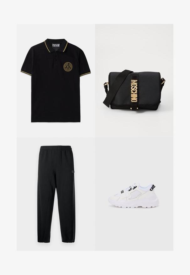 Sort polo-shirt lavet af bomuld med en krave med gule striber, to-knap lukning og et broderet rundt logo på venstre bryst.; Sorte sweatpants med elastisk talje, skrå ben og et lille mærketegn. Fremstillet af glat, let stof.; Hvide atletiksneakers med en chunky sål, mesh og syntetisk overdel, sorte accentdetaljer og snørebånd. Tekstureret design og logo på hælen.; Sort crossbody taske lavet af nylon med en glat tekstur. Har guldlås og "MOSCHINO"-bogstaver på den forreste rem. Justerbar rem inkluderet.