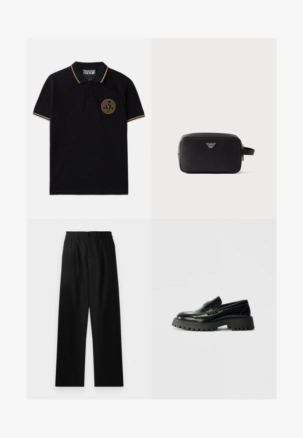 Schwarzes Poloshirt aus Baumwolle mit einem gelben gestreiften Kragen, einer Zwei-Knopf-Leiste und einem gestickten runden Logo auf der linken Brust.; Schwarze, weit geschnittene Hosen mit einem elastischen Bund und einem vorderen Knopfverschluss. Hergestellt aus einem glatten Stoff ohne sichtbare Muster.; Schwarze Lederloafers mit einer robusten, strukturierten Gummisohle, ausgestattet mit einem vorderen Riemen und subtilen Logodetails an der Ferse.; Schwarze rechteckige Kulturtasche aus strukturiertem synthetischem Material, mit einem silbernen Logo auf der Vorderseite und einem seitlichen Griff für einfaches Tragen.