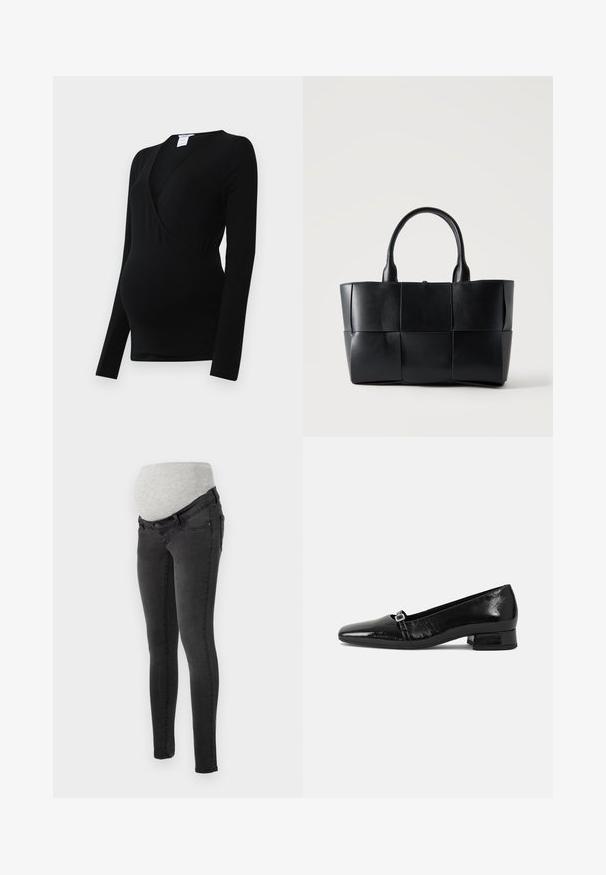 Sort langærmet top designet til graviditet, med en omslagsstil og strækbart stof for komfort over en voksende mave.; Mødrejeans i mørkegrå denim med en blød, grå elastisk livlinje for komfort. Slim fit design med standardlommer.; Sorte patentlæder balletflade med spids tå, lav firkantet hæl og en lille metallisk spænde detalje på remmen. Glat tekstur.; Sort læder tote taske med vævede store kvadratiske paneler og to afrundede håndtag på en ensfarvet lys baggrund.