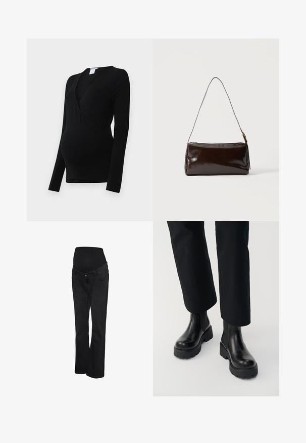 Top negro de manga larga diseñado para la maternidad, con un estilo envolvente y tejido elástico para mayor comodidad sobre una barriga en crecimiento.; Vaqueros premamá negros con una cintura alta elástica y corte recto, diseñados para ofrecer comodidad y soporte durante el embarazo.; Persona que lleva botas de tacón grueso de cuero negro combinadas con pantalones negros de pierna recta sobre un fondo blanco.; Bolso de hombro rectangular de cuero marrón oscuro con una única correa delgada y hebilla dorada sobre un fondo liso.