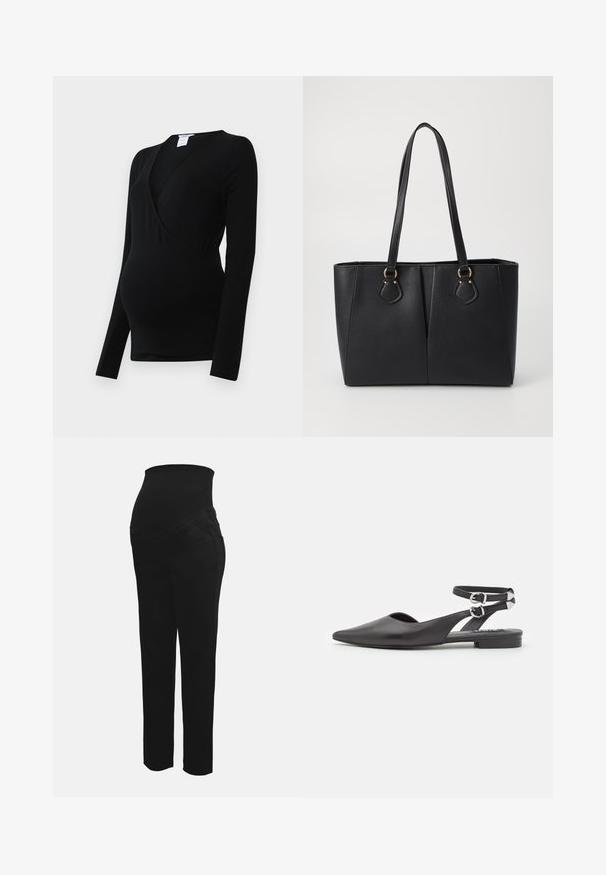 Top negro de manga larga diseñado para la maternidad, con un estilo envolvente y tejido elástico para mayor comodidad sobre una barriga en crecimiento.; Pantalones de maternidad negros con una cinturilla alta elástica diseñada para apoyar una barriga de embarazada, con corte recto y bolsillos frontales.; Zapatos planos de cuero negro con puntera afilada, tira de tobillo y detalle de hebilla. Cuentan con un pequeño tacón bajo y un diseño abierto en los lados.; Bolso tote de cuero sintético negro con un acabado texturizado, dos asas largas y detalles en tono dorado en el lateral. Forma rectangular.