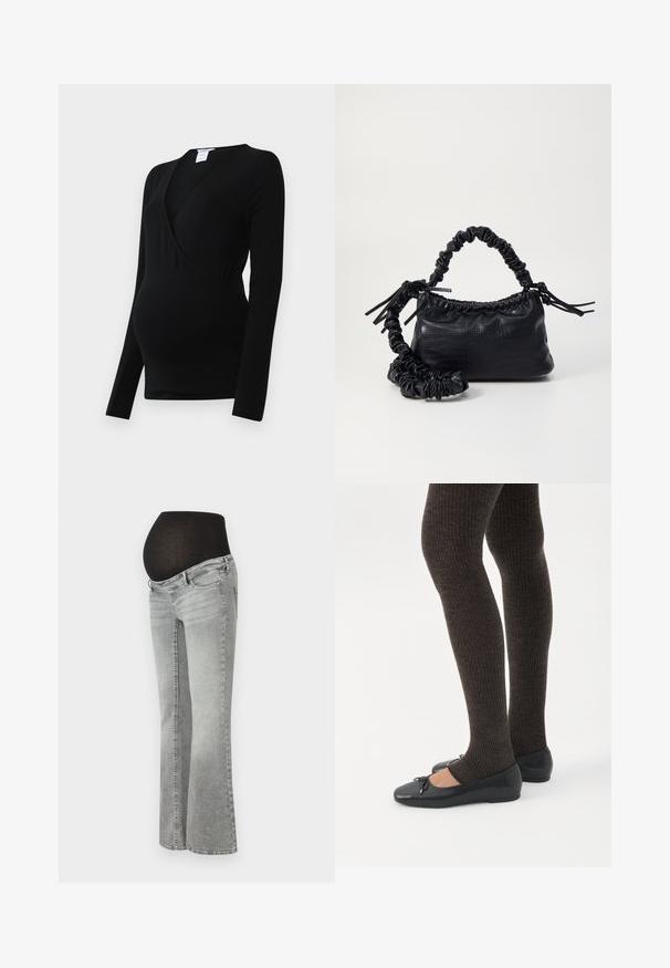 Sort langærmet top designet til graviditet, med en omslagsstil og strækbart stof for komfort over en voksende mave.; Graviditetsjeans i gråt denim med et strækbart sort panel over maven, med et lige ben-design og subtilt falmet tekstur.; Ben iført mørke ribbede leggings kombineret med sorte balletsko med små sløjfedetaljer på hvid baggrund.; Sort kunstlæder håndtaske med krokodilteksur, indsnøret top og en sammenkrøben rem. Ser blød og kompakt ud i designet.