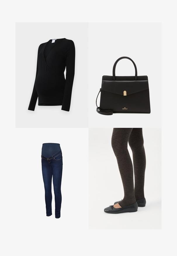 Sort langærmet top designet til graviditet, med en omslagsstil og strækbart stof for komfort over en voksende mave.; Mørkeblå graviditetsjeans med et strækbart panel ved taljen, slank pasform og klassisk fem-lomme design med kontrastsyninger.; Ben iført mørke ribbede leggings kombineret med sorte balletsko med små sløjfedetaljer på hvid baggrund.; Sort læderhåndtaske med en struktureret form, der har en guldfarvet lukning, dobbelte håndtag og en justerbar skulderrem. Logoet er vist på fronten.