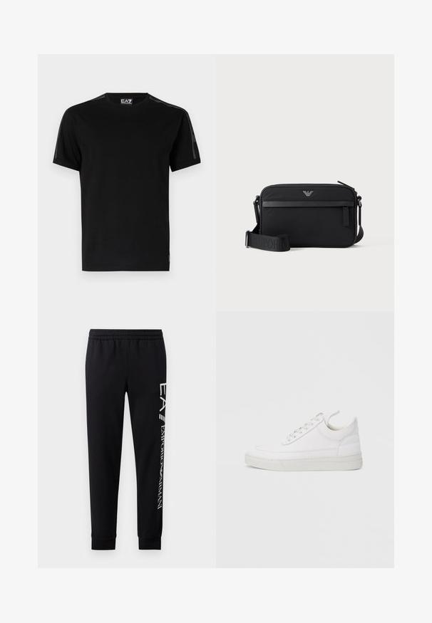 Zwarte T-shirt van katoen, met korte mouwen, een ronde hals, gaas zijpanelen en een klein logo label op de zoom.; Zwarte sweatpants van een katoenmix, met een elastische tailleband, taps toelopende benen, ribgebreide boorden en een wit logo-opdruk langs de zijkant.; Witte leren sneaker met een afgeronde neus, platte zool en veters aan de voorkant. Voorzien van stikseldetails en een gevoerde kraag voor comfort.; Zwarte rechthoekige crossbodytas met voorvak met rits, verstelbare schouderriem en klein metalen logo bovenaan in het midden.