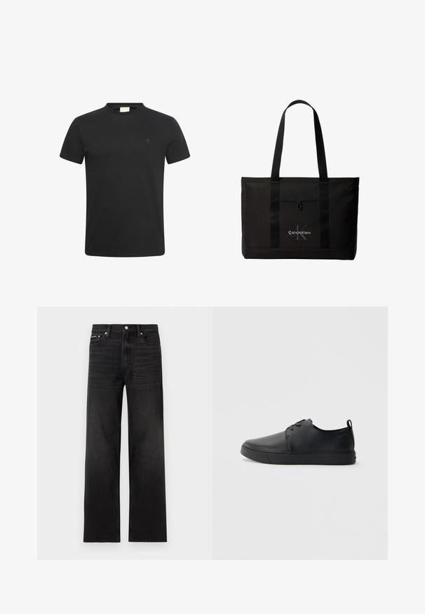 Sort t-shirt med korte ærmer og rund halsudskæring med lille diskret "cK" logo på venstre bryst.; Sorte jeans med lige ben, fem-lomme design, bæltestropper og knaplukning, vist på en hvid baggrund.; Sorte lædersneakers med en glat finish, rund tå, tonalt syning, snøring foran og en flad gummisål. Løkke ved hælen.; Sort Calvin Klein tote taske med to lange håndtag og lomme foran, med mærkets logo i hvid og grå.