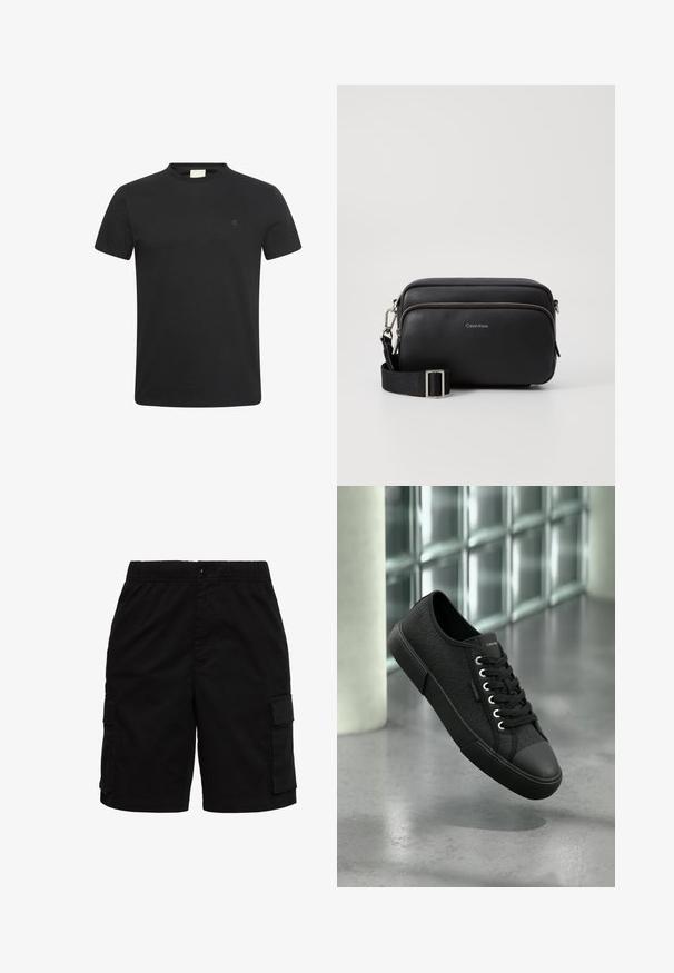 T-shirt noir à manches courtes avec col rond et petit logo "cK" subtil sur la poitrine gauche.; Shorts cargo noirs avec taille élastique, fermeture à boutons et poches à rabat à l'avant de chaque côté.; Baskets basses noires avec motif texturé, semelle et lacets noirs, flottant au-dessus d'un sol en béton poli près de blocs de verre.; Sac en cuir noir à bandoulière avec deux compartiments zippés, finition texturée, sangle ajustable et accents en métal argenté. Logo Calvin Klein affiché.