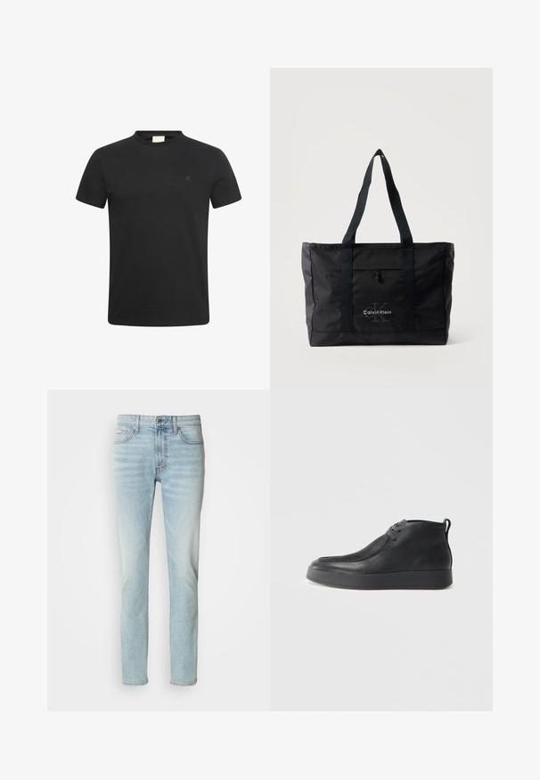 Zwart T-shirt met korte mouwen en ronde hals met een klein subtiel "cK" logo op de linkerborst.; Lichtblauwe jeans van denim, met een rechte pijp, een normale taillehoogte en subtiele vervaging. Inclusief vijf zakken en een metalen knoop.; Zwarte leren enkelboot met een gestructureerd oppervlak, vetersluiting aan de voorkant, een hefboom aan de hiel en een dikke rubberen zool op een lichte achtergrond.; Zwarte Calvin Klein draagtas met twee lange handvatten, een voorvak met rits en een logo gedrukt in het midden aan de voorkant.