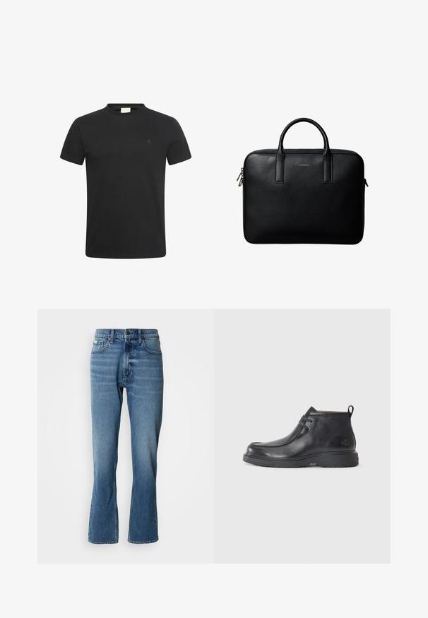 Zwart T-shirt met korte mouwen en ronde hals met een klein subtiel "cK" logo op de linkerborst.; Lichtblauwe denim jeans met een rechte snit en een lichte flare. Beschikt over vijf zakken, een knoopsluiting en subtiele wassingdetails.; Zwarte leren enkellaarsjes met een ronde neus, vetersluiting en een lipje aan de achterkant. Geribbelde bovenkant en rubberen zool.; Zwarte gestructureerde leren aktetas met dubbele handvatten en zilveren ritstrekkers, gecentreerd op een witte achtergrond.