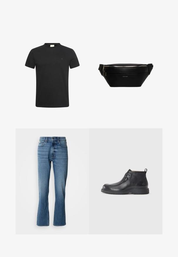 Sort t-shirt med korte ærmer og rund halsudskæring med lille diskret "cK" logo på venstre bryst.; Lyseblå denim jeans med lige pasform og let flare. Har fem lommer, knaplukning og subtile slidte detaljer.; Sorte læder ankelstøvler med rund tå, snørelukning og en løkke bagpå. Tekstureret overdel og gummisål.; Sort læder Calvin Klein bæltetaske med sølv lynlås og justerbar rem, minimalistisk logo foran i midten.
