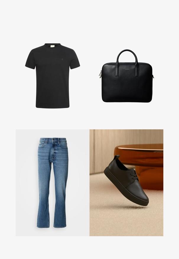 T-shirt noir à manches courtes avec col rond et petit logo "cK" subtil sur la poitrine gauche.; Jeans en denim bleu clair avec une coupe droite et une légère évasée. Comprend cinq poches, une fermeture à bouton et des détails de décoloration subtils.; Baskets décontractées en cuir noir avec lacets, flottant au-dessus d'un tapis beige, avec une table en verre ambré arrondie en arrière-plan.; Mallette en cuir noir texturé avec double poignées et tirettes de fermeture éclair argentées, centrée sur fond blanc.