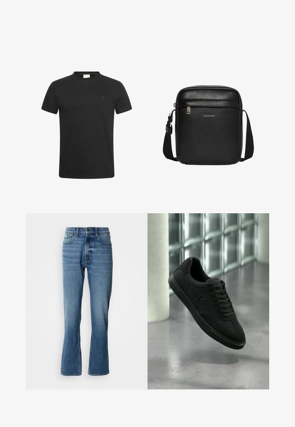 T-shirt noir à manches courtes avec col rond et petit logo "cK" subtil sur la poitrine gauche.; Jeans en denim bleu clair avec une coupe droite et une légère évasée. Comprend cinq poches, une fermeture à bouton et des détails de décoloration subtils.; Baskets basses noires à lacets avec le logo « CK » sur le côté, flottant au-dessus d'un sol en béton poli près d'un mur en parpaings de verre.; Sac bandoulière noir Calvin Klein avec bandoulière réglable, poche avant zippée et logo discret sur surface en cuir texturé.