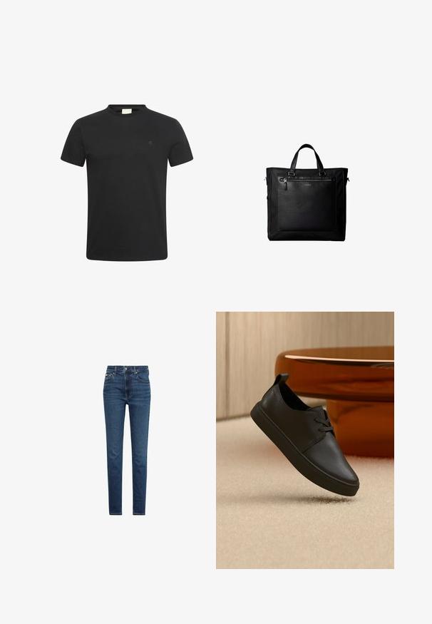 Sort t-shirt med korte ærmer og rund halsudskæring med lille diskret "cK" logo på venstre bryst.; Mørkeblå slim fit jeans med forrest knap- og lynlåsmed lukning, fem lommer og synlige syninger på hvid baggrund.; Sort lædersneaker til hverdag med snørebånd, svævende over beige tæppe med et rundt bord af ravfarvet glas i baggrunden.; Sort taske med dobbelte håndtag, stor læderlomme foran med lynlås og diskret Calvin Klein-logo midt på lommen.