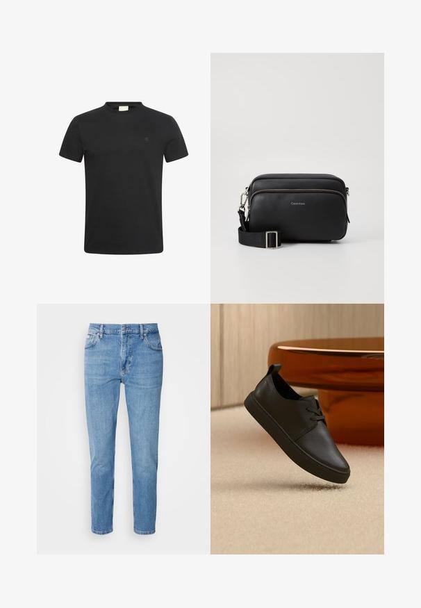 Zwart T-shirt met korte mouwen en ronde hals met een klein subtiel "cK" logo op de linkerborst.; Lichtblauwe denim jeans met een rechte pasvorm, vijf zakken en subtiele vervaging. Voorzien van een knoopsluiting en riemlussen.; Zwarte leren casual sneaker met veters, zwevend boven een beige tapijt, met een amberen glazen ronde tafel op de achtergrond.; Zwarte leren schoudertas met twee ritscompartimenten, gestructureerd afwerking, verstelbare schouderband en zilveren hardware-accenten. Calvin Klein-logo zichtbaar.