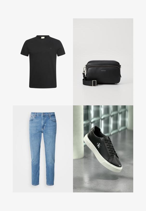 Sort t-shirt med korte ærmer og rund halsudskæring med lille diskret "cK" logo på venstre bryst.; Lys blå denim jeans med lige snit, fem-lomme design og subtilt slid. Har knaplukning og bæltestropper.; Sort lædersneaker med hvid gummisål og "CK Calvin Klein"-logo på siden, vist mod en baggrund af glasskifter.; Sort læder crossbody taske med to lynlåslommer, struktureret overflade, justerbar rem og sølvhardware detaljer. Calvin Klein-logoet er vist.