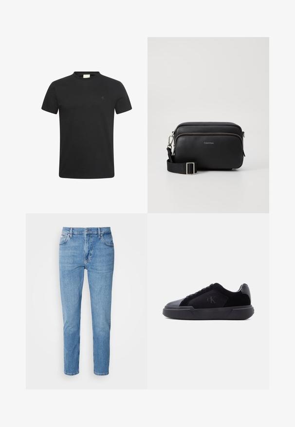 Zwart T-shirt met korte mouwen en ronde hals met een klein subtiel "cK" logo op de linkerborst.; Lichtblauwe denim jeans met een rechte pasvorm, vijf zakken en subtiele vervaging. Voorzien van een knoopsluiting en riemlussen.; Zwarte lage sneaker met dikke zool, veters aan de voorkant en een subtiel "cK"-logo op het zijpaneel.; Zwarte leren schoudertas met twee ritscompartimenten, gestructureerd afwerking, verstelbare schouderband en zilveren hardware-accenten. Calvin Klein-logo zichtbaar.