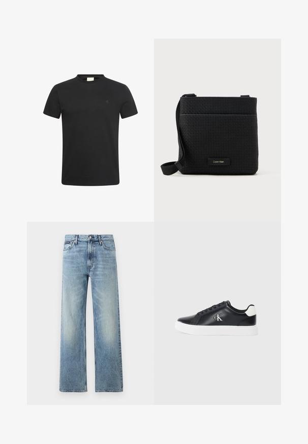 Zwart T-shirt met korte mouwen en ronde hals met een klein subtiel "cK" logo op de linkerborst.; Lichtblauwe denim jeans met rechte pijpen, een hoge taille, vijf zakken, knoopsluiting en subtiele vervaging op de dijen en knieën.; Zwarte leren sneaker met witte zool, ronde neus, vijf veterogen en een zilveren logo "cK" aan de buitenkant. Geperforeerde witte hielaccent.; Zwarte geweven schoudertas met een verstelbare schouderband, voorzien van een voorzak en een klein merkembleem. Glad, getextureerd oppervlak.