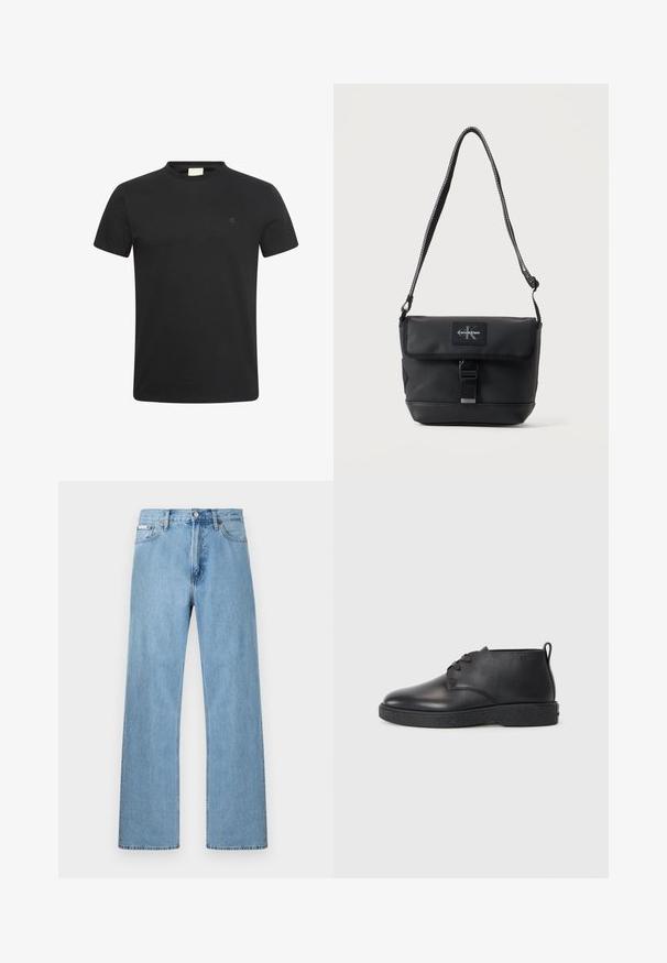 Sort t-shirt med korte ærmer og rund halsudskæring med lille diskret "cK" logo på venstre bryst.; Lyseblå straight-leg jeans i denim med fem-lomme-design og knaplukning i taljen, vist mod en ensfarvet baggrund.; Sorte læder ankelstøvler med glat tekstur, rund tå og sort gummisål. Har en snørelukning og en hælflap for nem påtagning.; Sort Calvin Klein skuldertaske med justerbar rem, forklap, spændelukning og synligt brandlogo-patch.