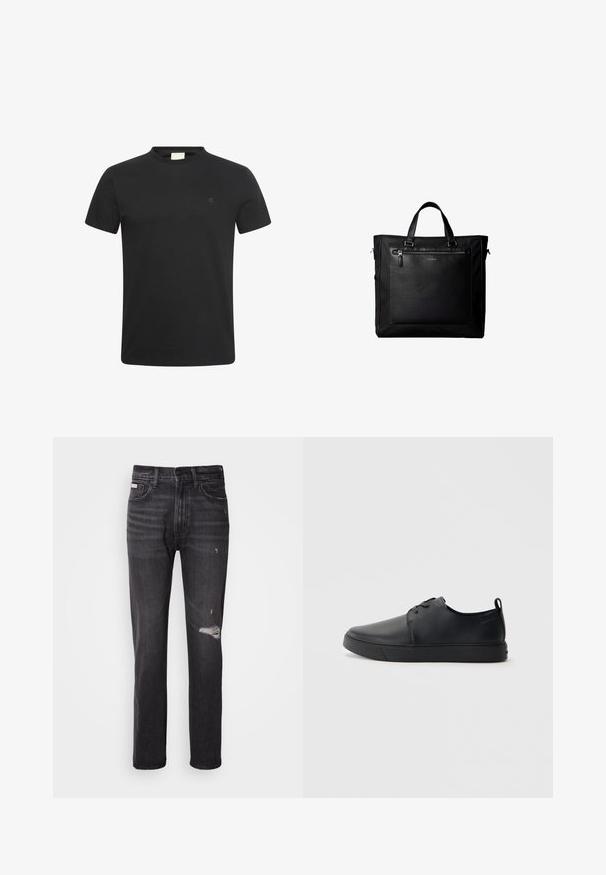 Zwart T-shirt met korte mouwen en ronde hals met een klein subtiel "cK" logo op de linkerborst.; Zwarte denim jeans met een rechte pijp, verwerkte details bij de knie, vijf-pocket styling en een subtiele vervaagde afwerking.; Zwarte leren sneaker met een gladde afwerking, ronde neus, tonale stiknaden, vetersluiting aan de voorkant en een vlakke rubberen zool. Lussje aan de hak.; Zwarte tote bag met dubbele handvatten, grote voorste leren zak met ritssluiting en subtiel Calvin Klein-logo in het midden van de zak.