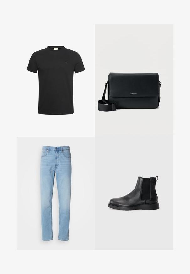 Schwarzes T-Shirt mit kurzen Ärmeln und Rundhalsausschnitt mit kleinem, dezentem "cK" Logo auf der linken Brust.; Hellblaue Jeans mit geradem Schnitt, fünf Taschen und Gürtelschlaufen. Der Stoff hat eine glatte Textur mit einem leichten Verblassungseffekt.; Schwarze Leder-Chelsea-Boots mit strukturiertem Finish, elastischen seitlichen Einsätzen und einer robusten Gummisohle. Dezentes Branding an der Ferse.; Schwarze Leder-Umhängetasche mit strukturierter Oberfläche, verstellbarem Riemen und einer Vorderklappe mit dezentem Logo. Kompakte und rechteckige Form.