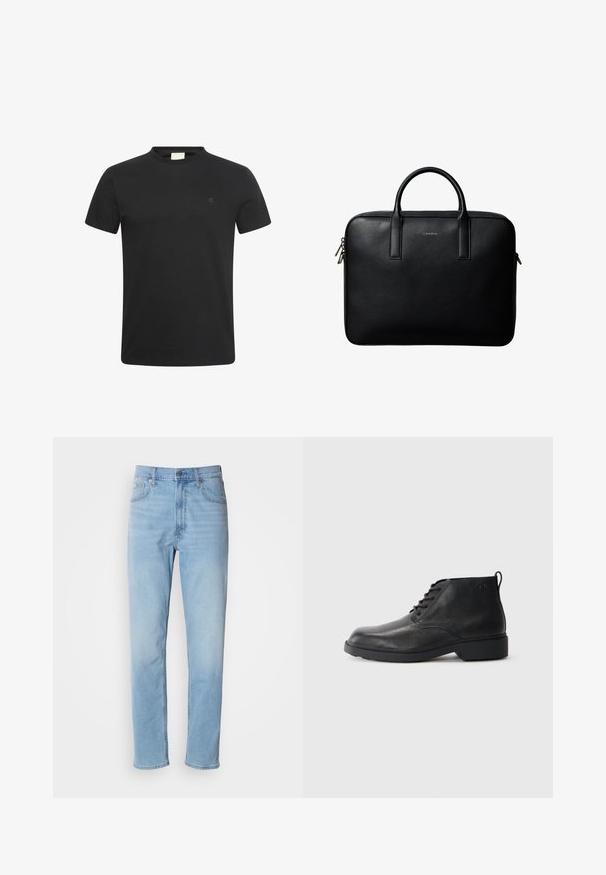 Sort t-shirt med korte ærmer og rund halsudskæring med lille diskret "cK" logo på venstre bryst.; Lys blå denim jeans med lige pasform, fem lommer og bæltestropper. Stoffet har en glat overflade med en let falmningseffekt.; Sorte læderstøvler med en tekstureret finish, rund tå, snørebånd foran og en robust gummisål. Har en lille træksløjfe bagpå.; Sort tekstureret lædermappe med dobbelte håndtag og sølv lynlås, centreret på hvid baggrund.