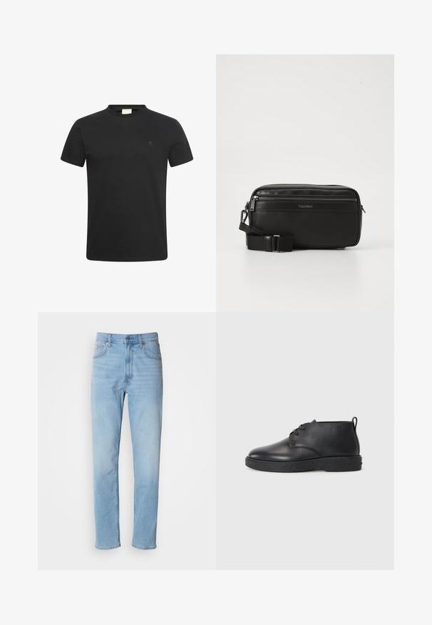 Sort t-shirt med korte ærmer og rund halsudskæring med lille diskret "cK" logo på venstre bryst.; Lys blå denim jeans med lige pasform, fem lommer og bæltestropper. Stoffet har en glat overflade med en let falmningseffekt.; Sorte læder ankelstøvler med glat tekstur, rund tå og sort gummisål. Har en snørelukning og en hælflap for nem påtagning.; Sort læder crossover taske med en lynlåslomme, tekstureret overflade, justerbar rem og Calvin Klein-branding på forsiden.