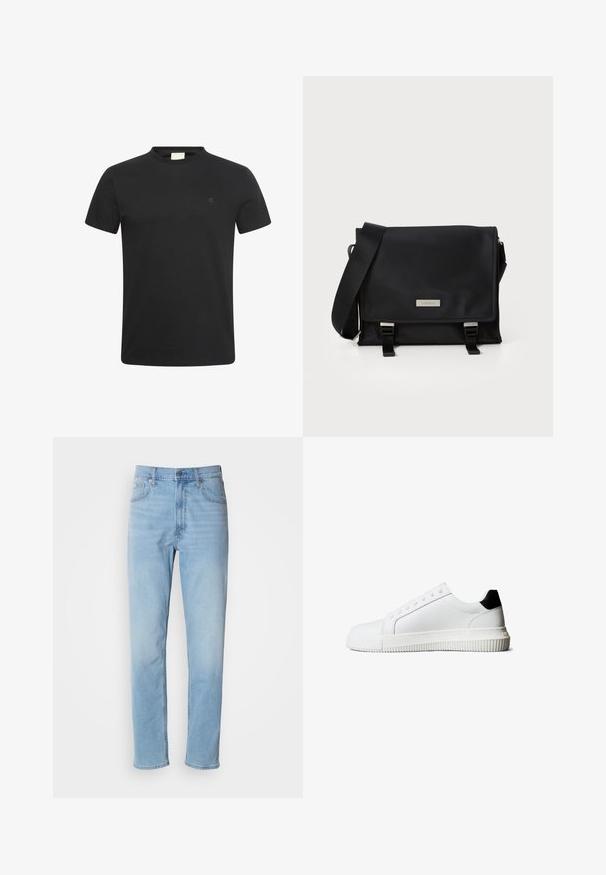 Sort t-shirt med korte ærmer og rund halsudskæring med lille diskret "cK" logo på venstre bryst.; Lys blå denim jeans med lige pasform, fem lommer og bæltestropper. Stoffet har en glat overflade med en let falmningseffekt.; Hvide lædersneakers med sort hælkappe, flade snørebånd, rundet tå og en ribbet gummisål for godt greb.; Sort messenger taske lavet af glat nylon med klaplukning, justerbar rem og hardwaredetaljer i sølvfarve. Kompakt og funktionelt design.