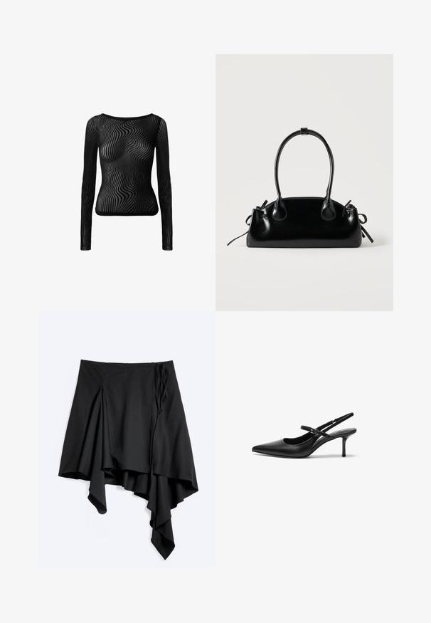 Top negro de mangas largas hecho de material transparente con un patrón ondulado. Presenta un escote en forma de bateau y una silueta ajustada.; Falda negra asimétrica con tejido drapeado y detalle de lazo lateral, con bajo irregular y capas fluidas.; Zapatos de tacón slingback de cuero negro con punta afilada, correa ajustable delgada y un tacón de aguja de aproximadamente 5 cm, textura suave.; Pequeño bolso negro brillante con dos asas largas y detalles de cordón lateral sobre un fondo claro liso.