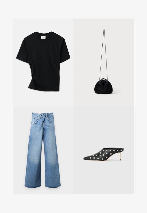 T-shirt noir en coton doux, doté d'un col rond, de manches courtes et d'un design légèrement torsadé pour une coupe décontractée.; Jean en denim bleu clair à jambes larges, taille haute, fermeture par boutons, et conception à cinq poches, présenté à plat sur un fond blanc.; STAND STUDIO KELSEY - Mules à talons - black; Petit sac à main noir en fausse fourrure avec poignées tressées sur le dessus et longue bandoulière fine sur fond uni.