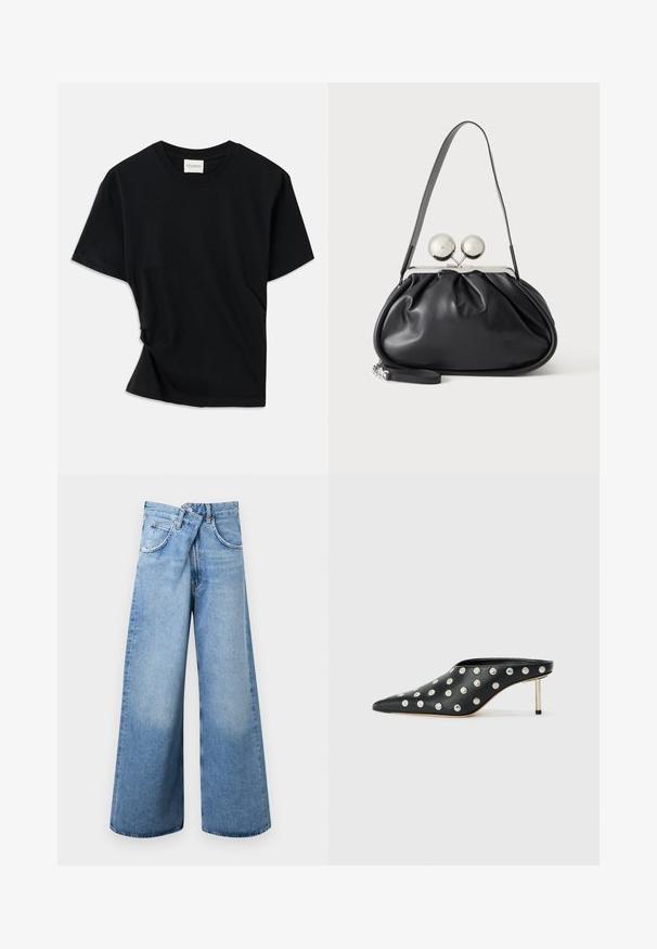 T-shirt noir en coton doux, doté d'un col rond, de manches courtes et d'un design légèrement torsadé pour une coupe décontractée.; Jean en denim bleu clair à jambes larges, taille haute, fermeture par boutons, et conception à cinq poches, présenté à plat sur un fond blanc.; STAND STUDIO KELSEY - Mules à talons - black; Sac à main en cuir noir avec un design plissé, une sangle unique, un cadre métallique argenté et deux grandes fermoirs ronds en argent.