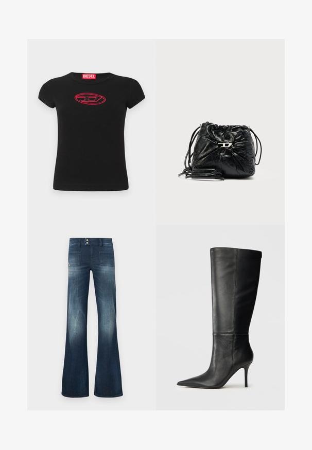 Schwarzes Baumwoll-T-Shirt mit kurzen Ärmeln, das ein rotes gesticktes Diesel-Logo in ovalem Design in der Mitte aufweist.; Ausgestellte dunkelblaue Jeans mit verwaschenem Design, zwei Fronttaschen, zwei Gesäßtaschen und Knopfverschluss mit leichtem Glanz.; Schwarze Lederstiefel bis zum Knie mit spitzem Zehenbereich und schlankem Stiletto-Absatz, glatte Textur, Seitenansicht auf neutralem Hintergrund.; Schwarze Lederzugbeutel mit gerafftem Design, silbernen Beschlägen und verstellbaren Trägern. Die strukturierte Oberfläche verleiht Tiefe.