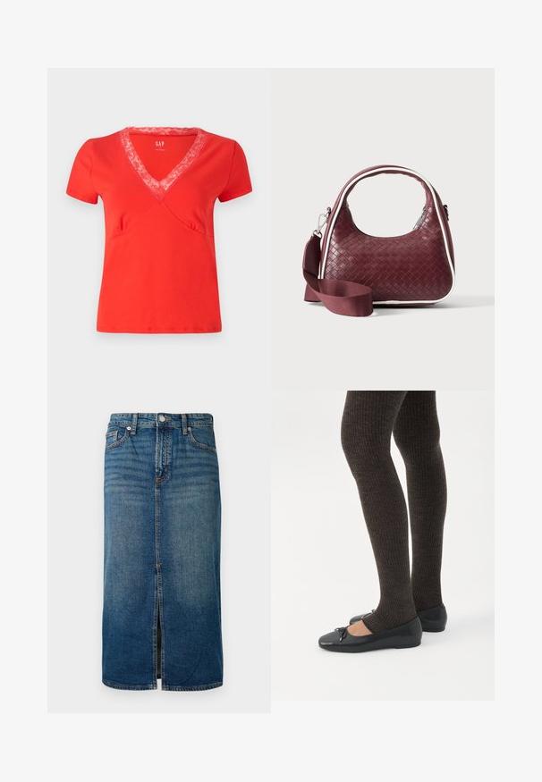 T-shirt rouge à manches courtes et encolure en V avec finition en dentelle. Tissu doux, coupe ajustée et surpiqûres décoratives le long des coutures.; Jupe midi en denim bleu foncé avec une fente à l'avant, cinq poches et des coutures contrastées. Elle dispose d'une fermeture par bouton et zip à la taille.; Jambes portant des leggings côtelés foncés associés à des ballerines noires avec de petits détails en nœud sur fond blanc.; Sac à main en cuir tressé marron foncé avec poignée courbée, garniture blanche, fermeture éclair argentée et bandoulière large en tissu amovible sur fond uni.