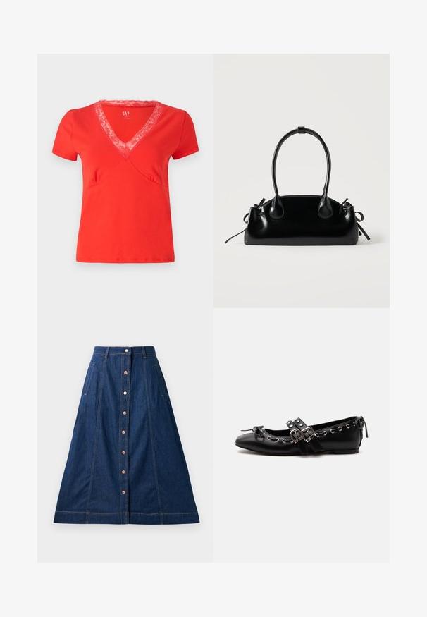 T-shirt rouge à manches courtes et encolure en V avec finition en dentelle. Tissu doux, coupe ajustée et surpiqûres décoratives le long des coutures.; Jupe A-line en denim bleu foncé avec une fermeture à boutons à l'avant, dotée de poches, de coutures contrastantes et d'une longueur jusqu'au mollet.; Chaussure de ballet plate noire avec doubles brides à boucle, œillets argentés et petit nœud près de l’orteil arrondi sur fond blanc.; Petit sac à main noir brillant avec deux longues anses et des détails à cordon sur les côtés sur un fond clair uni.